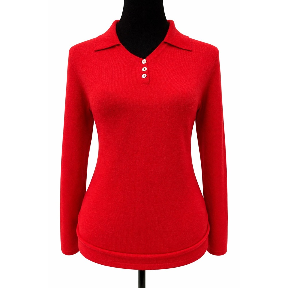 Precious Fibers Womens Collared Henley V-Neck Sweater Medium Red 100% Cashmere